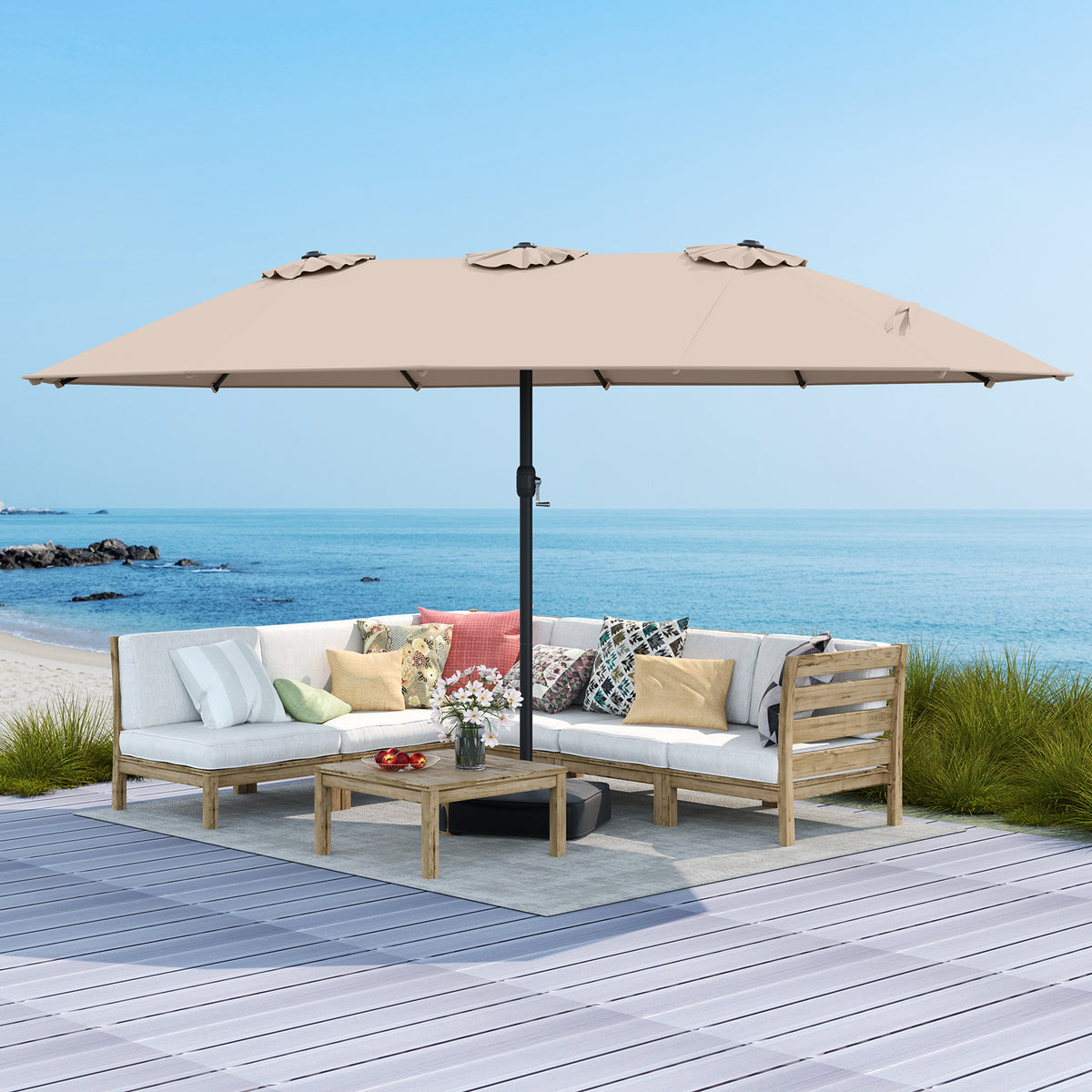 15 Feet Double-Sided Twin Patio Umbrella with Crank and Base