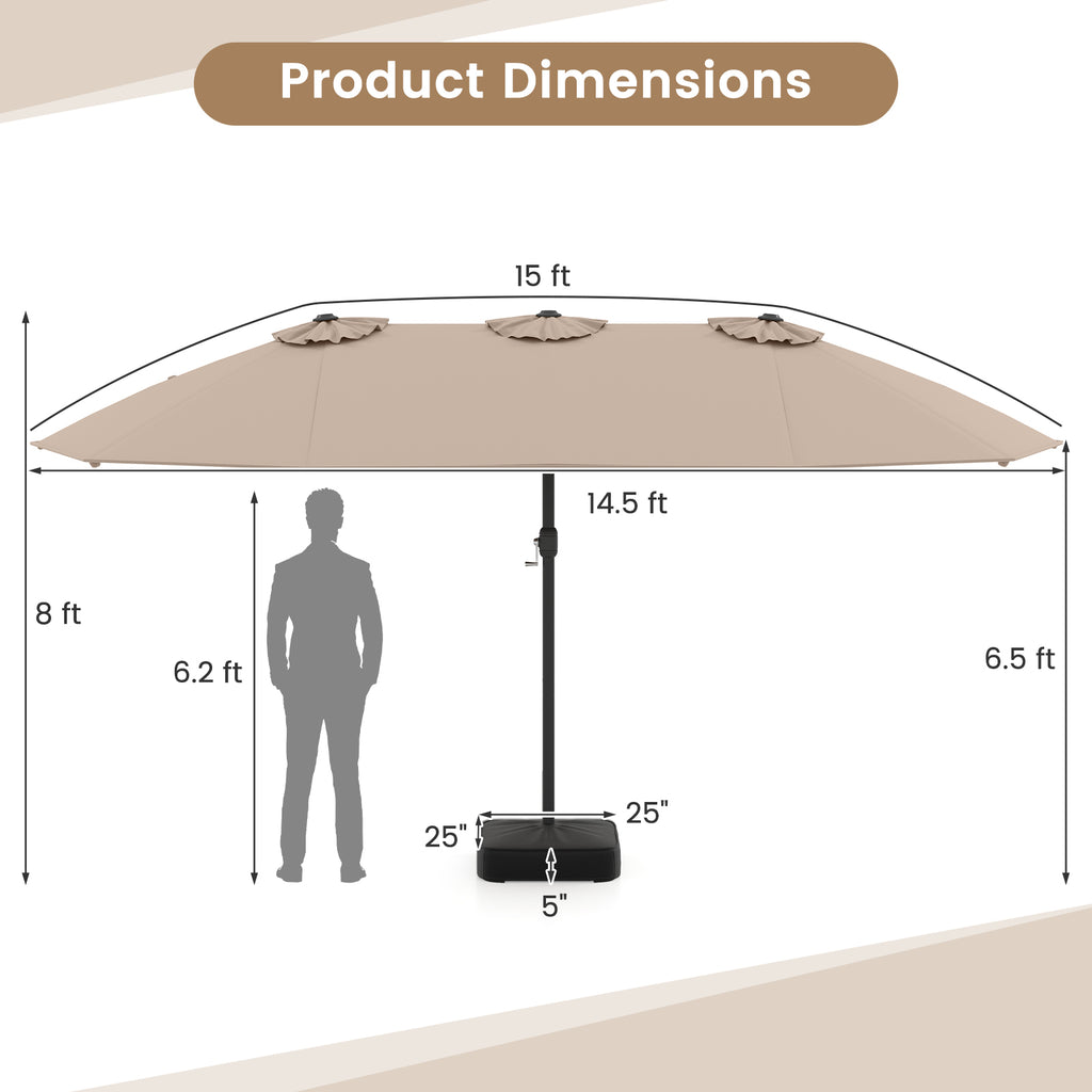 15 Feet Double-Sided Twin Patio Umbrella with Crank and Base