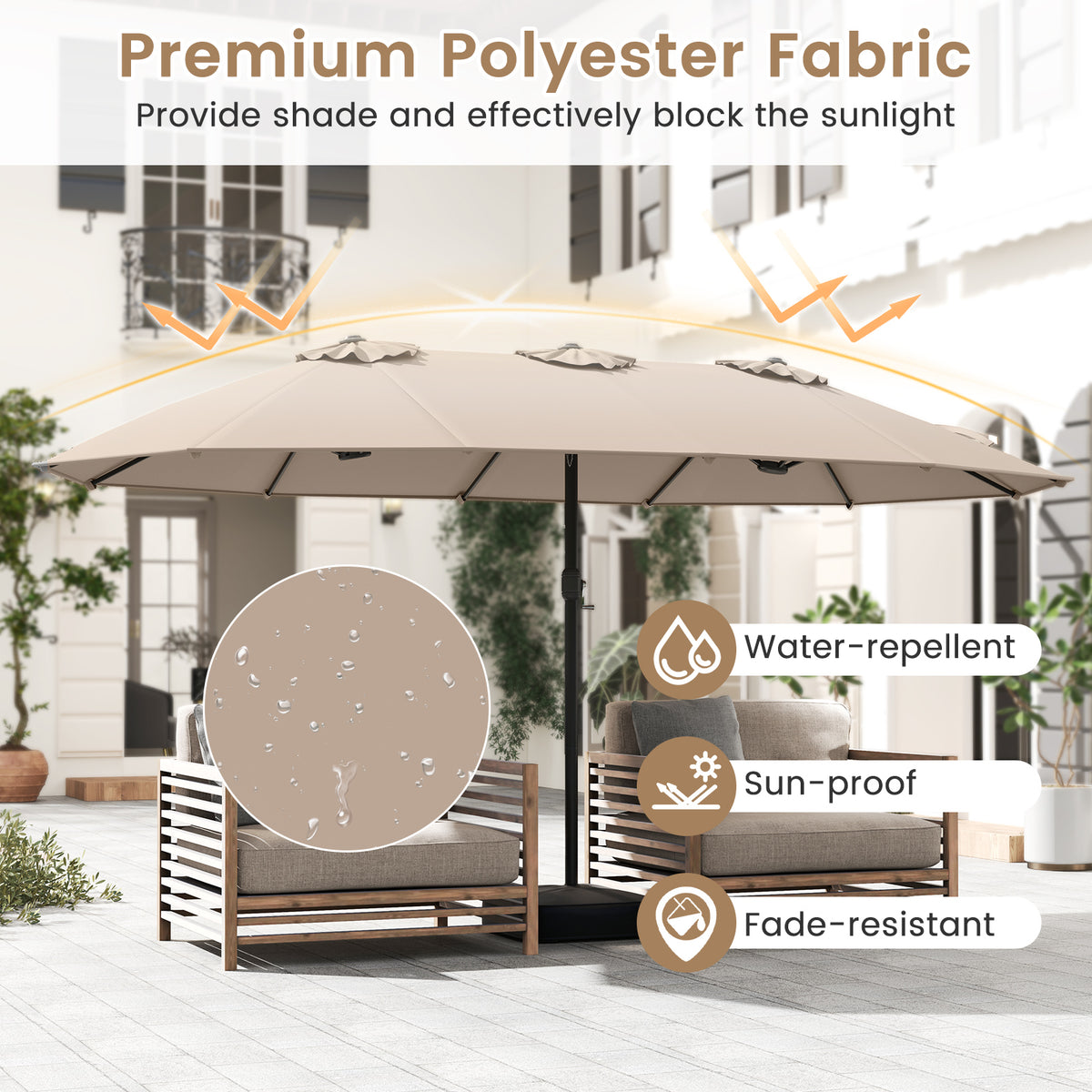 15 Feet Double-Sided Twin Patio Umbrella with Crank and Base