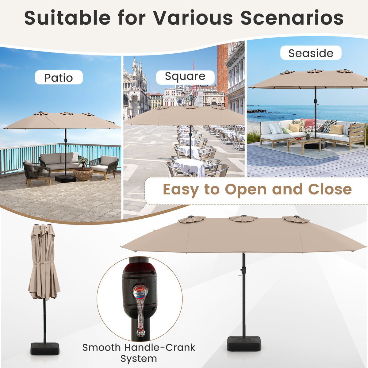 15 Feet Double-Sided Twin Patio Umbrella with Crank and Base