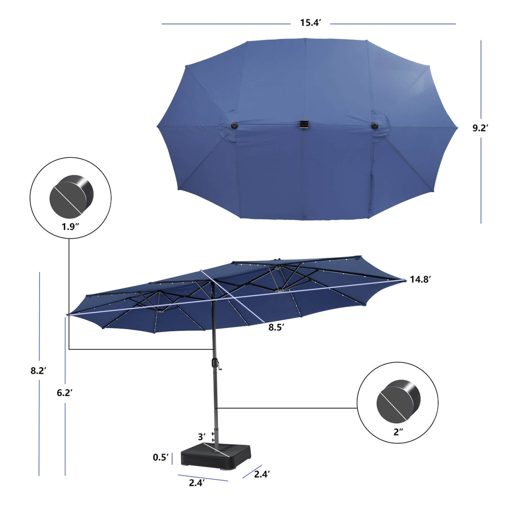 15FT Double-Sided Patio Umbrella with 48 LED Lights - Navy