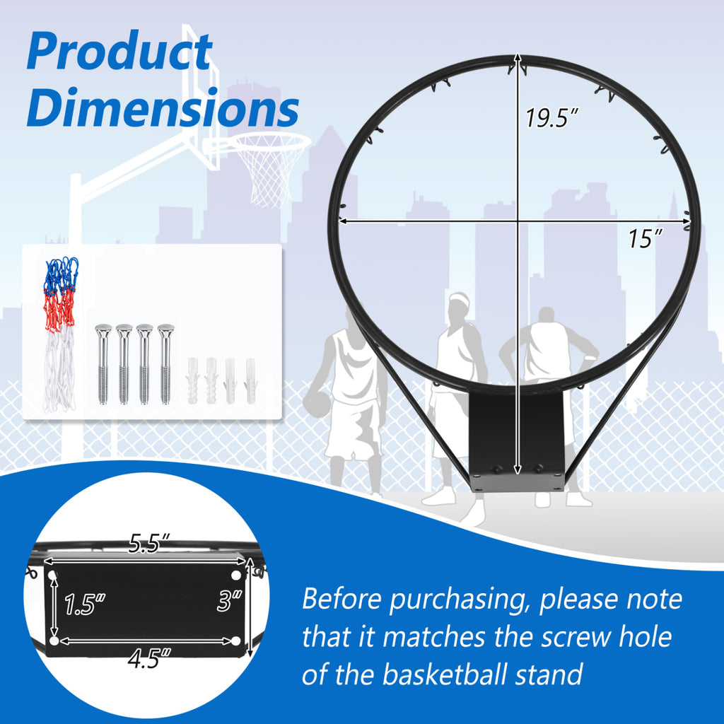 15 Inch Basketball Rim with All Weather Net & Mounting Hardware - Black Variation