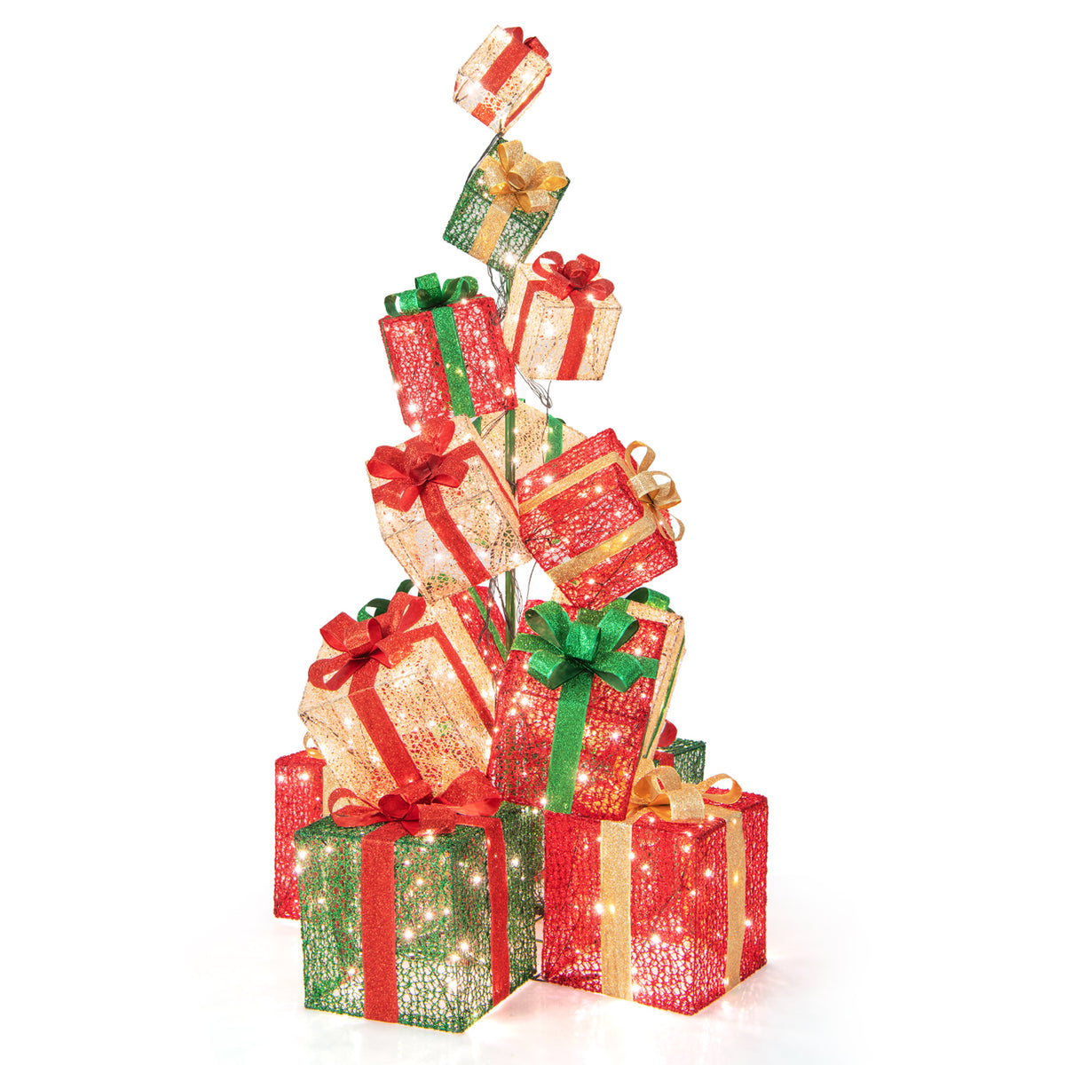 15 Stacked Lighted Christmas Gift Box Tower with 450 Warm White Lights - Variation of 15 Boxes