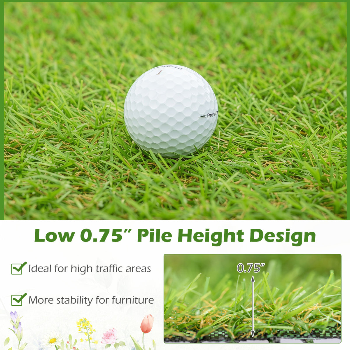 Artificial Turf Rug with 0.75 Inch Low Pile Height for Lawn & Pet Areas - Green
