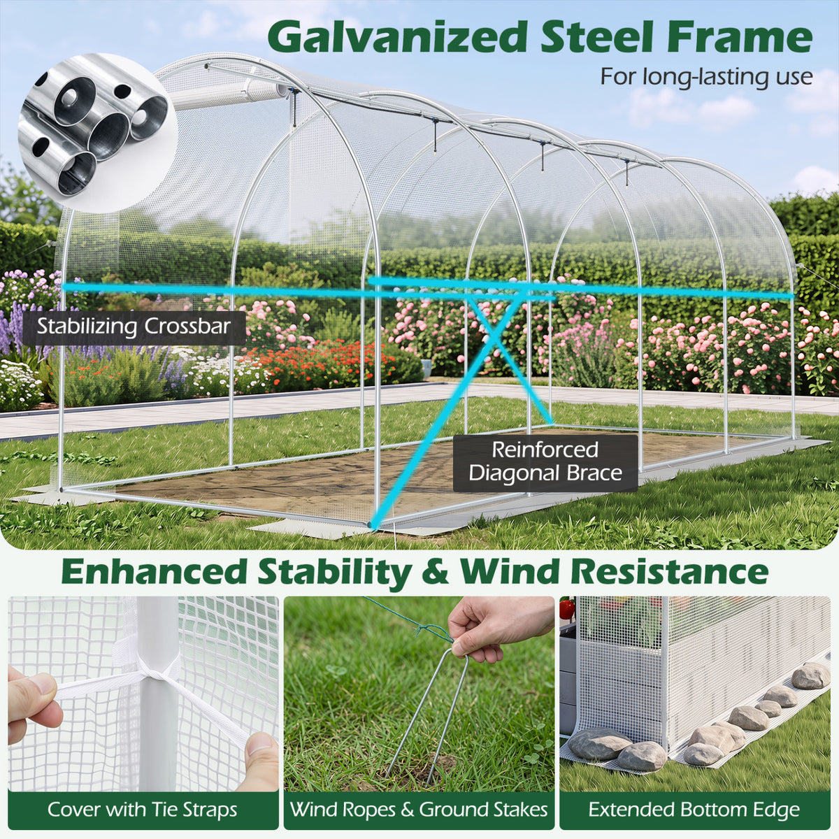15 x 7 ft Walk-in Tunnel Greenhouse with Watering System