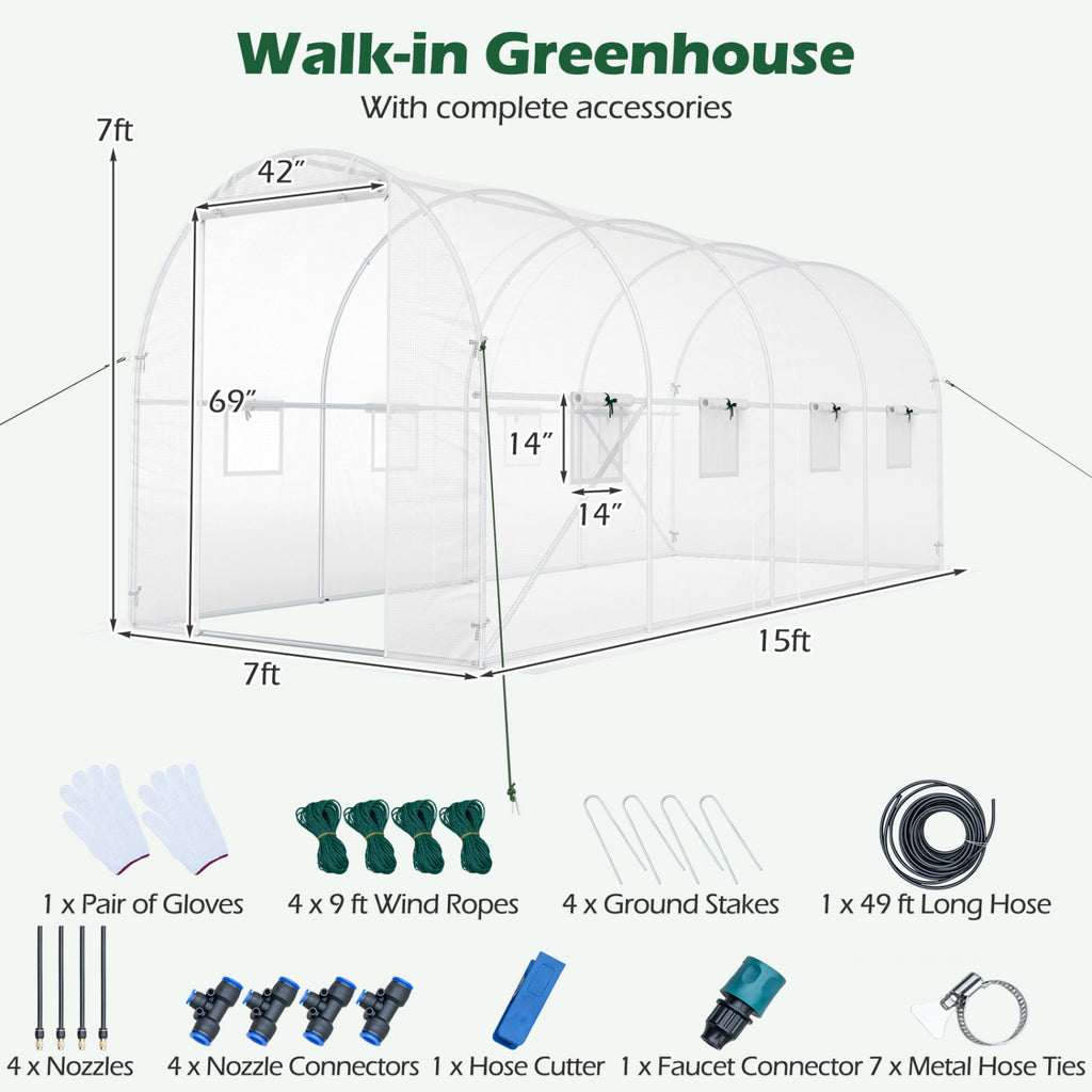 15 x 7 ft Walk-in Tunnel Greenhouse with Watering System