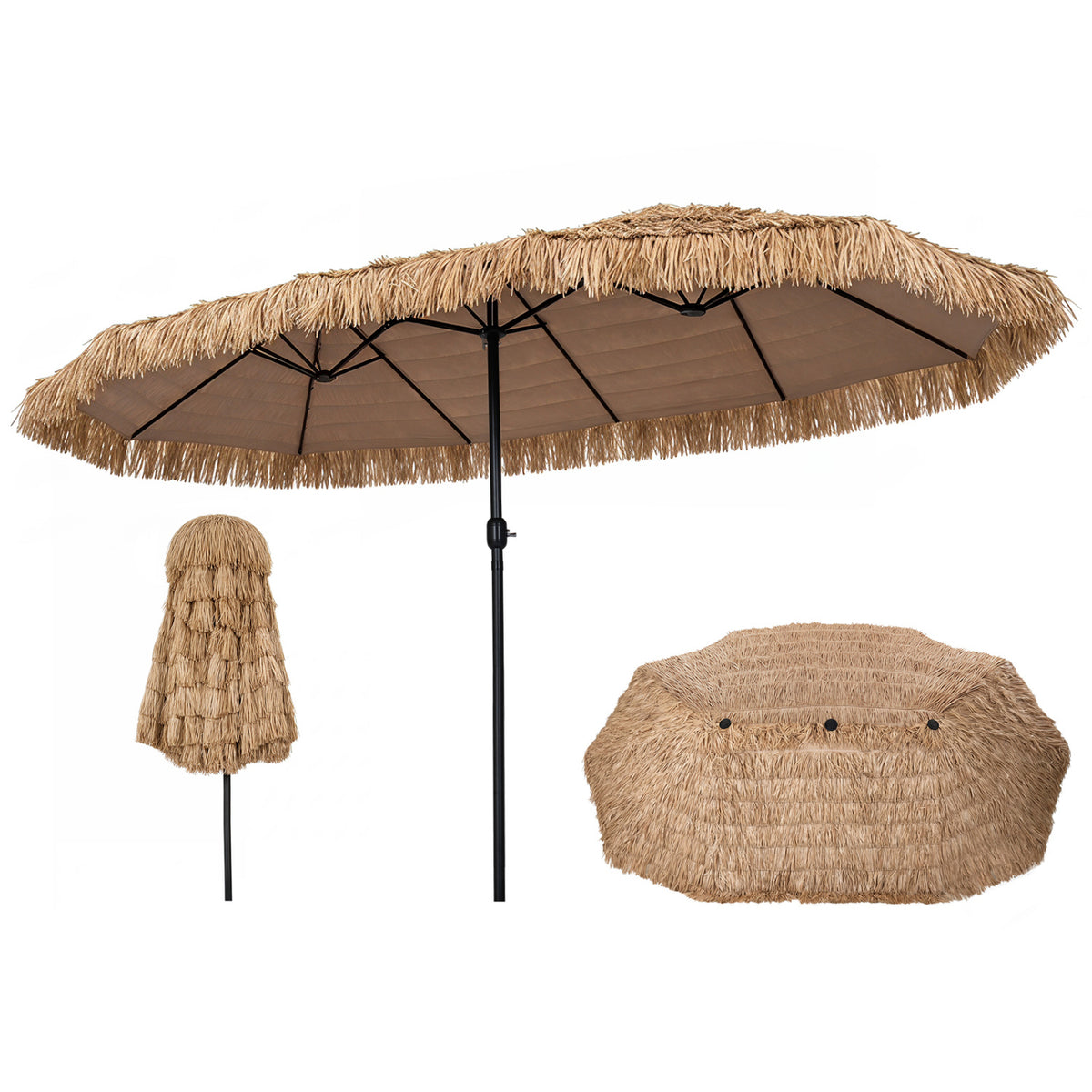15 x 9 FT Double-sided Thatched Tiki Patio Umbrella with Crank Handle