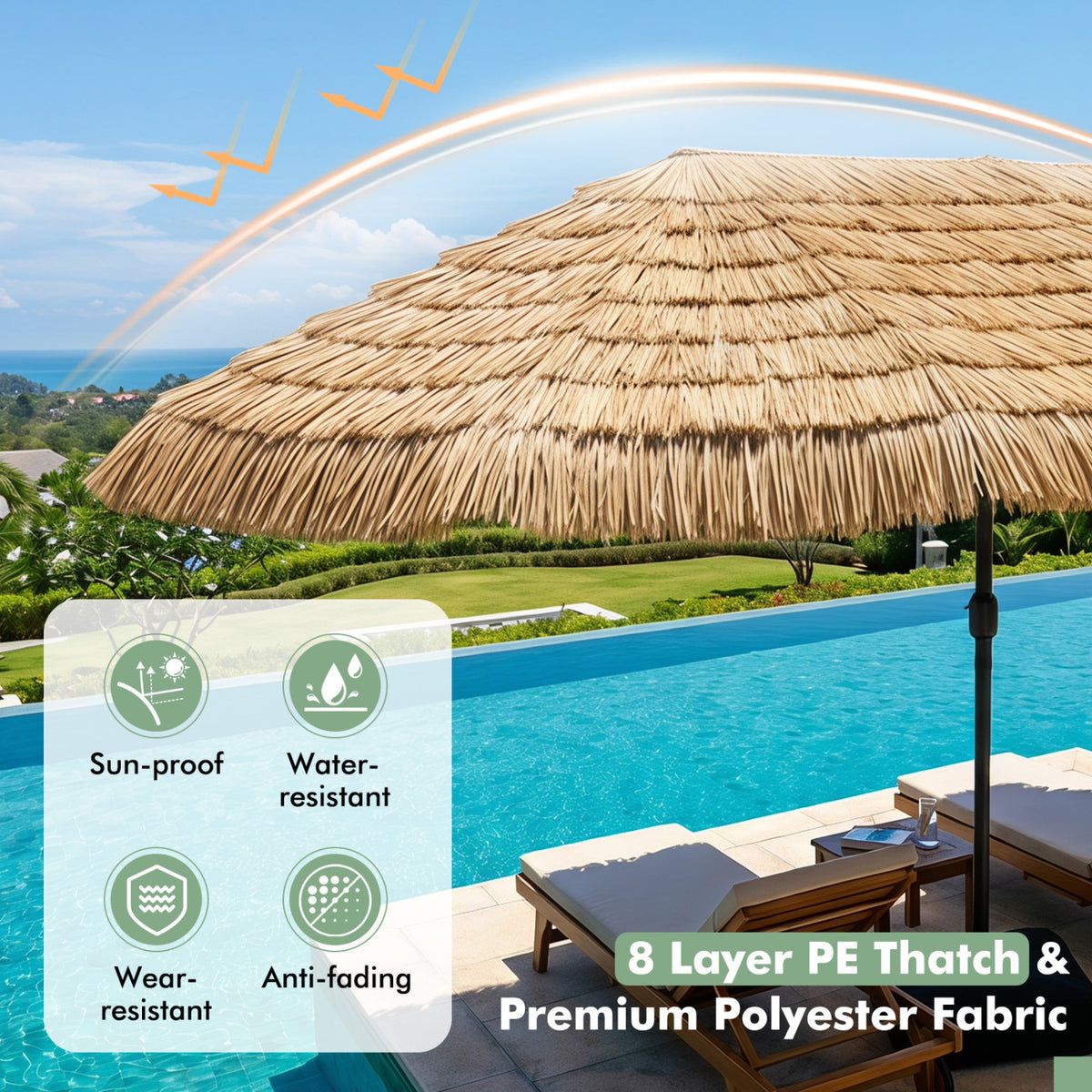 15 x 9 FT Double-sided Thatched Tiki Patio Umbrella with Crank Handle
