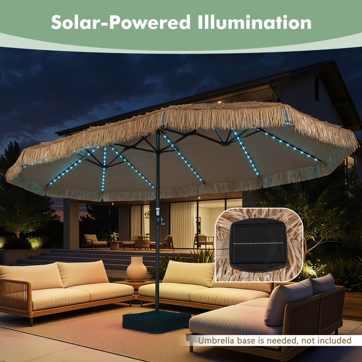15 x 9 FT Solar Double-sided Patio Umbrella with 144 Multi-colored
