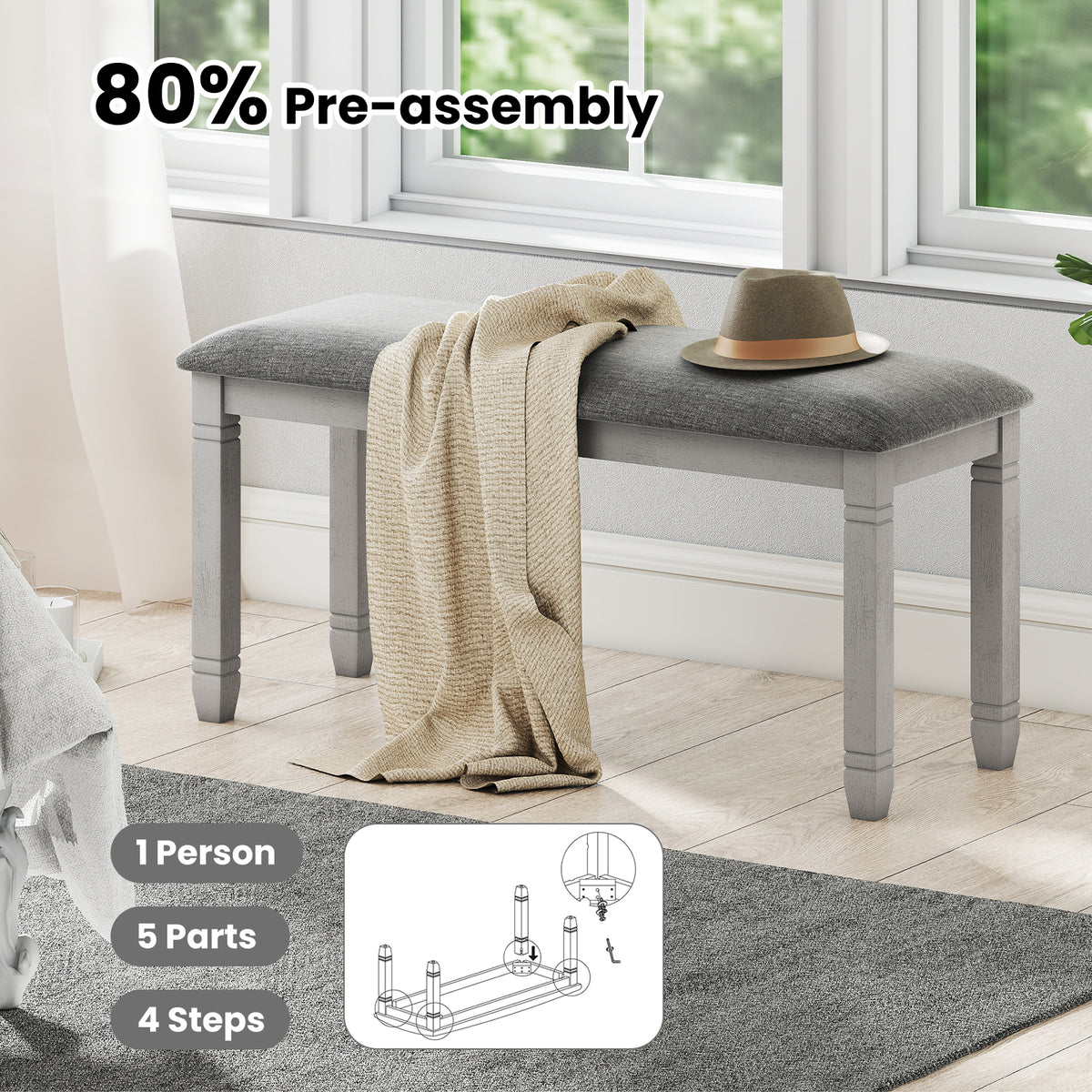 Upholstered Bedroom Bench with Storage, Gray