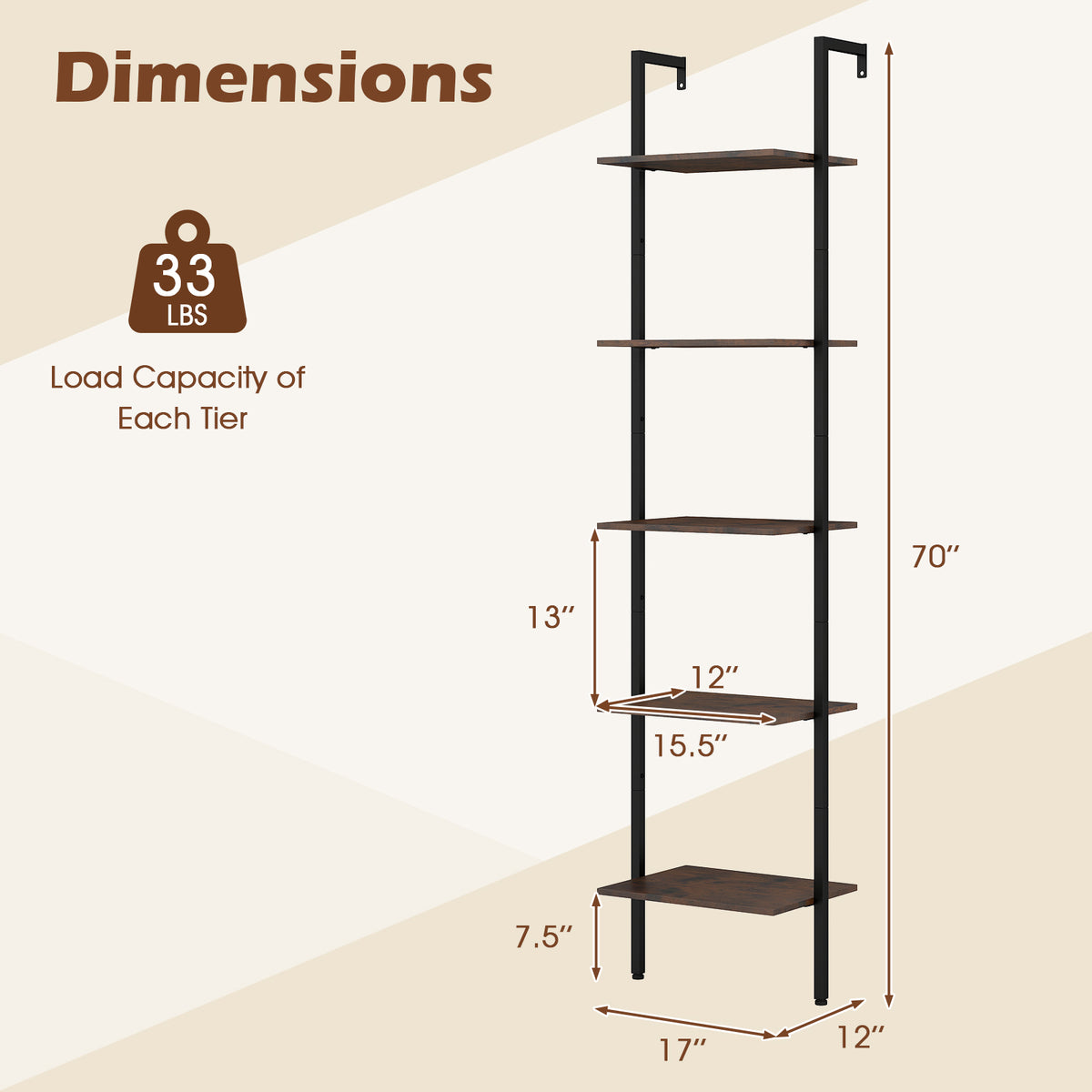 5-Tier Wall Mount Ladder Shelf - Rustic Brown