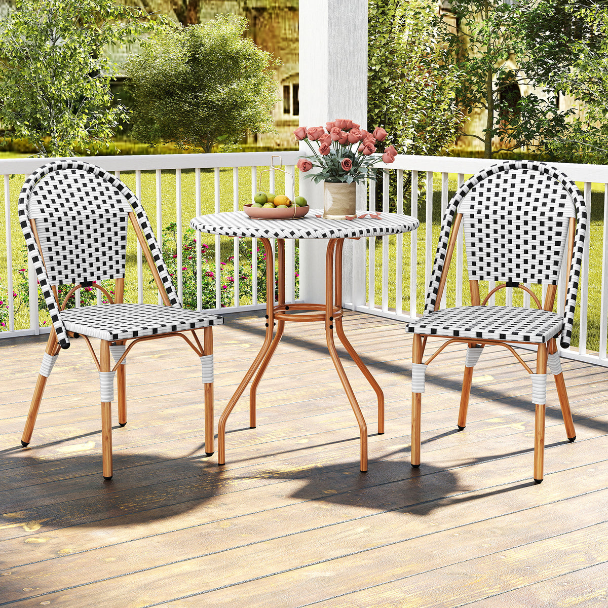 3 Piece French Bistro Table Chair Set with Outdoor Wicker Round and 2