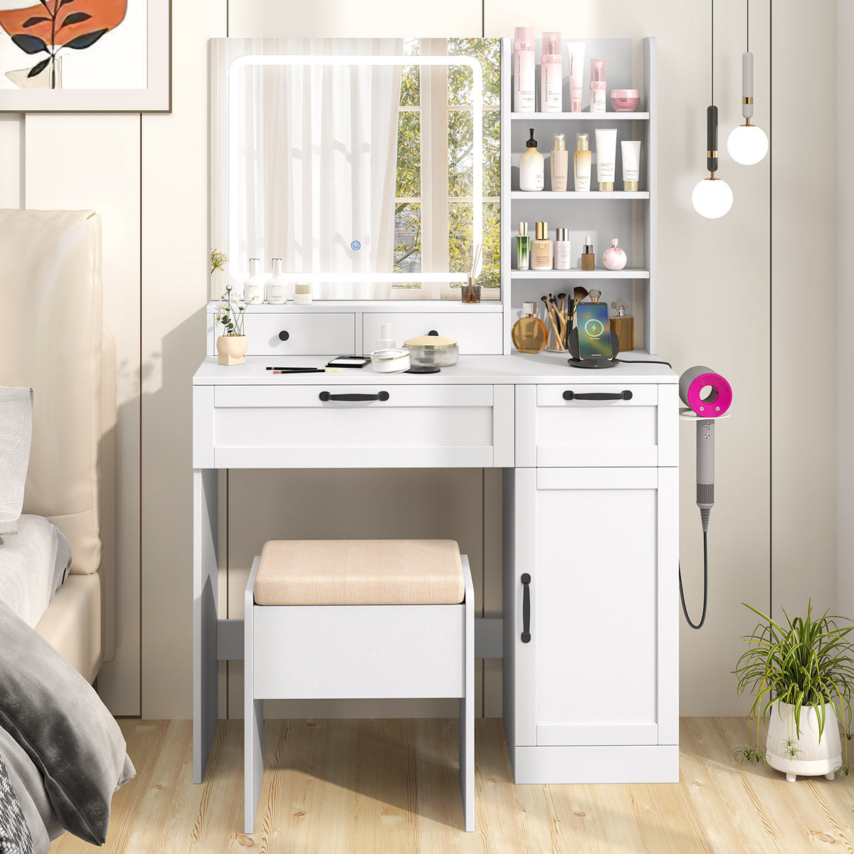 Makeup Vanity Set with Mirror, 3-Color Lighting & Stool – White
