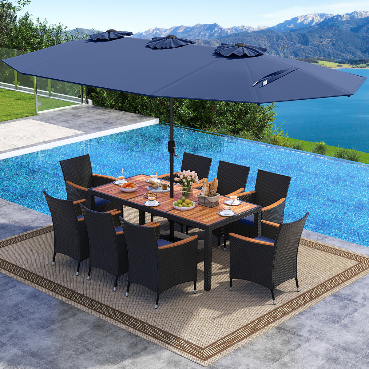 10-Piece Patio Dining Set with 15ft Double Umbrella - Navy