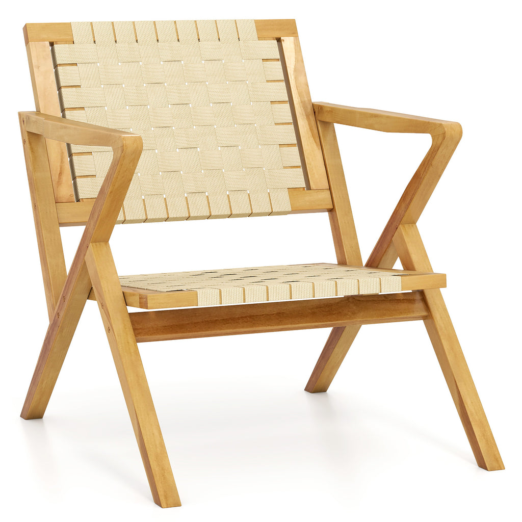 Outdoor and Indoor Teak Wood Patio Chair wuth Webbing Seat Backrest