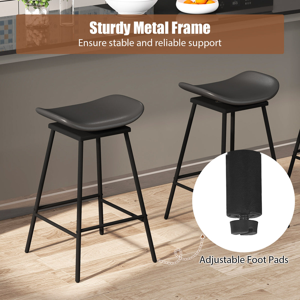 Set of 2 Swivel Barstools Faux Leather Backless Black