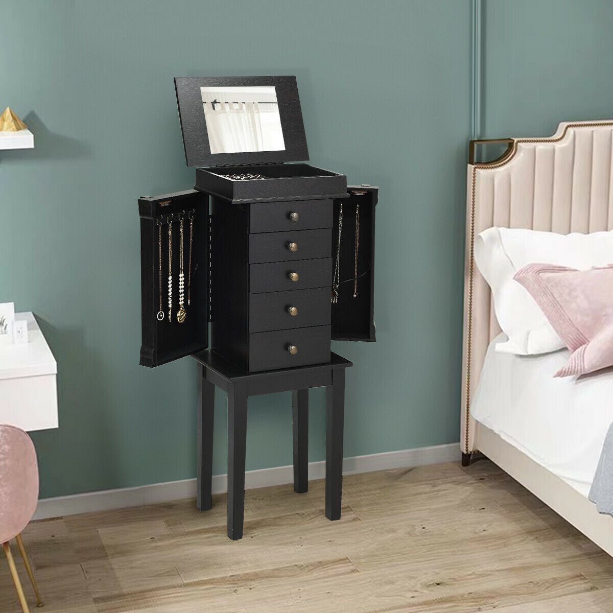 Standing Jewelry Cabinet with Mirror, 5 Drawers – Gray