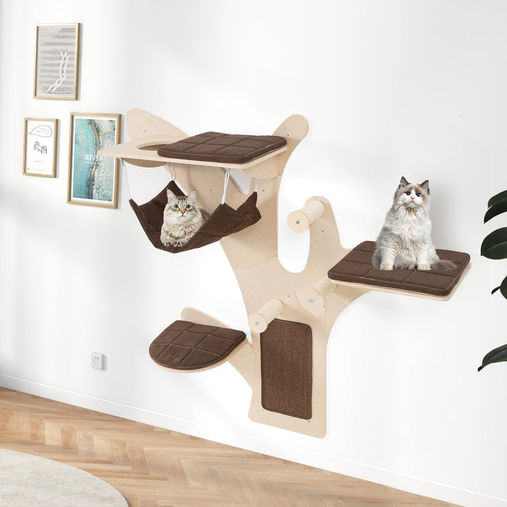 Wall-Mounted Cat Shelf with Perch - Brown Cat Wall Furniture
