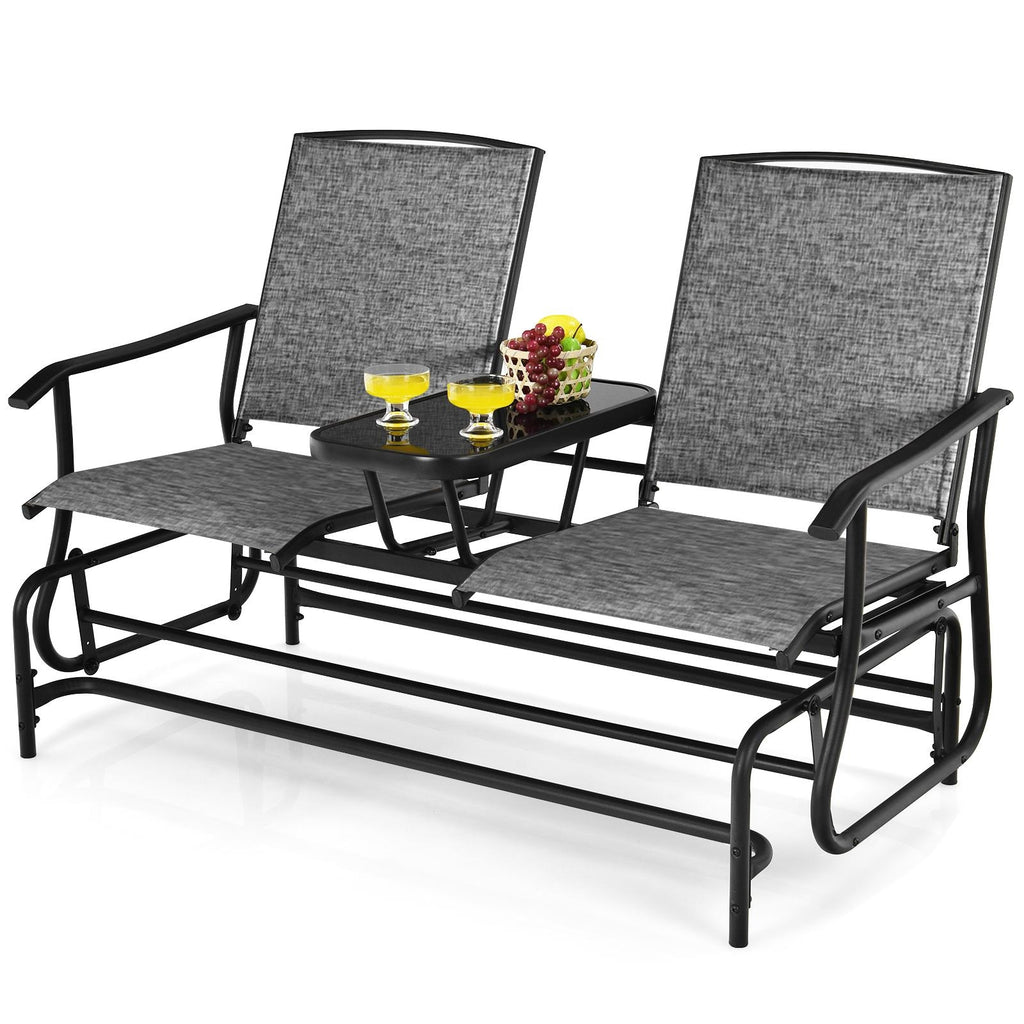 Double Rocking Loveseat with Glass Table - Gray