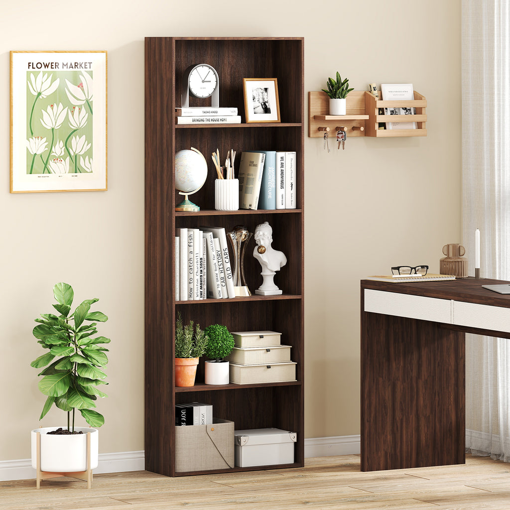5-Shelf Walnut Wood Bookcase for Home Office