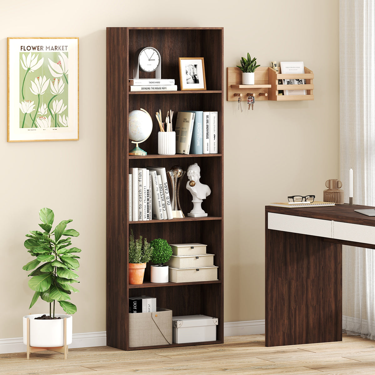 5-Shelf Walnut Wood Bookcase for Home Office