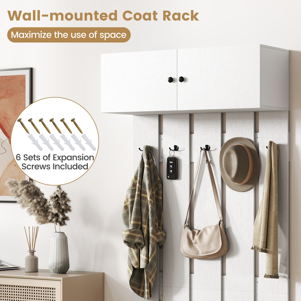 Wall Mounted Coat Rack with Storage Cabinet, White