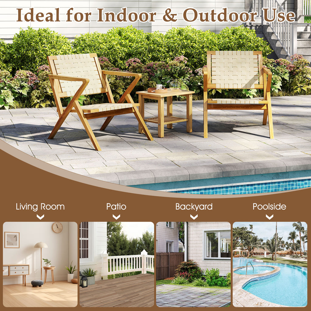 Outdoor and Indoor Teak Wood Patio Chair wuth Webbing Seat Backrest