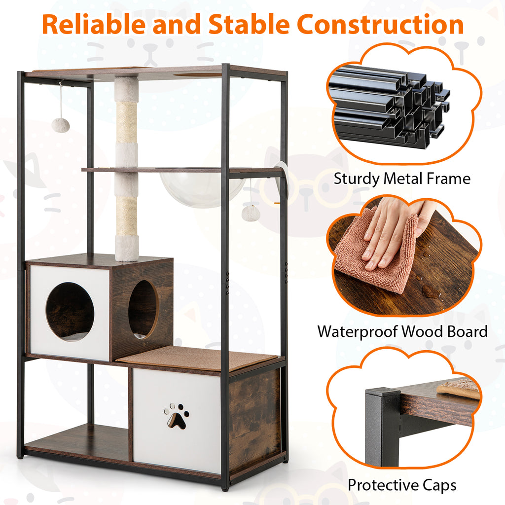 Wooden Cat Tree Tower with 2 Condos & Cushions - Style 2, Coffee