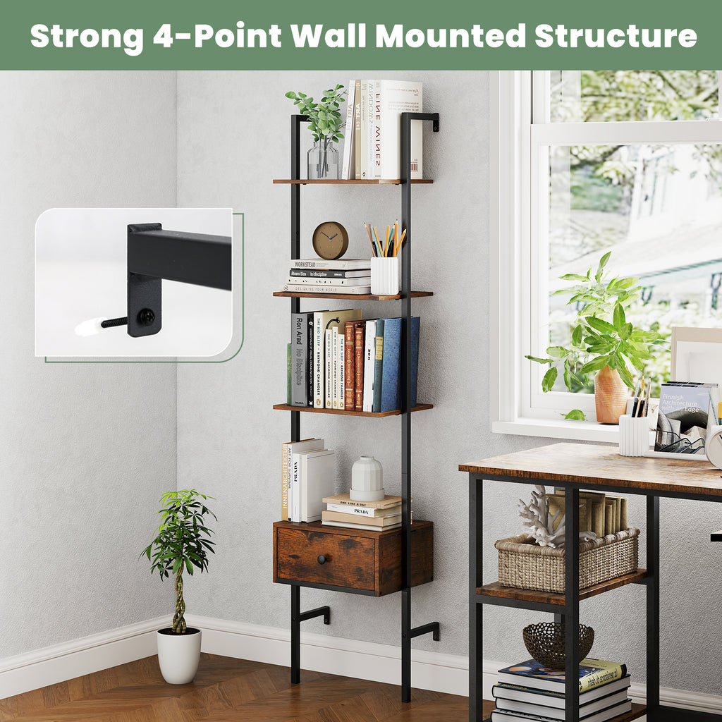 5-Tier Ladder Bookcase with Drawer and Metal Frame for Study Home