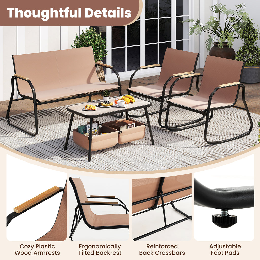 4-Piece Patio Rocking Chair Set with Coffee Table - Coffee