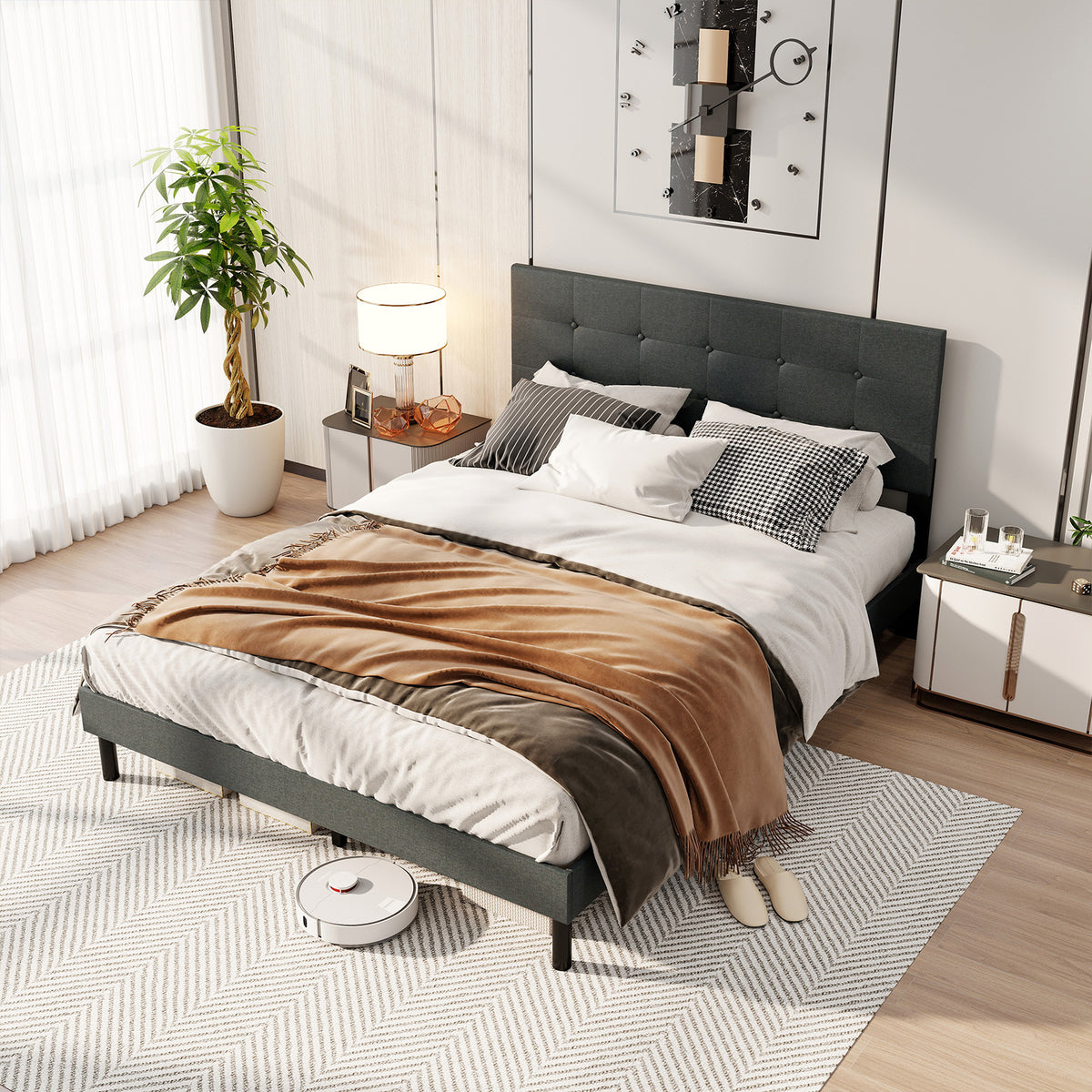 Queen Size Upholstered Bed Frame Linen Platform Bed - Dark Gray