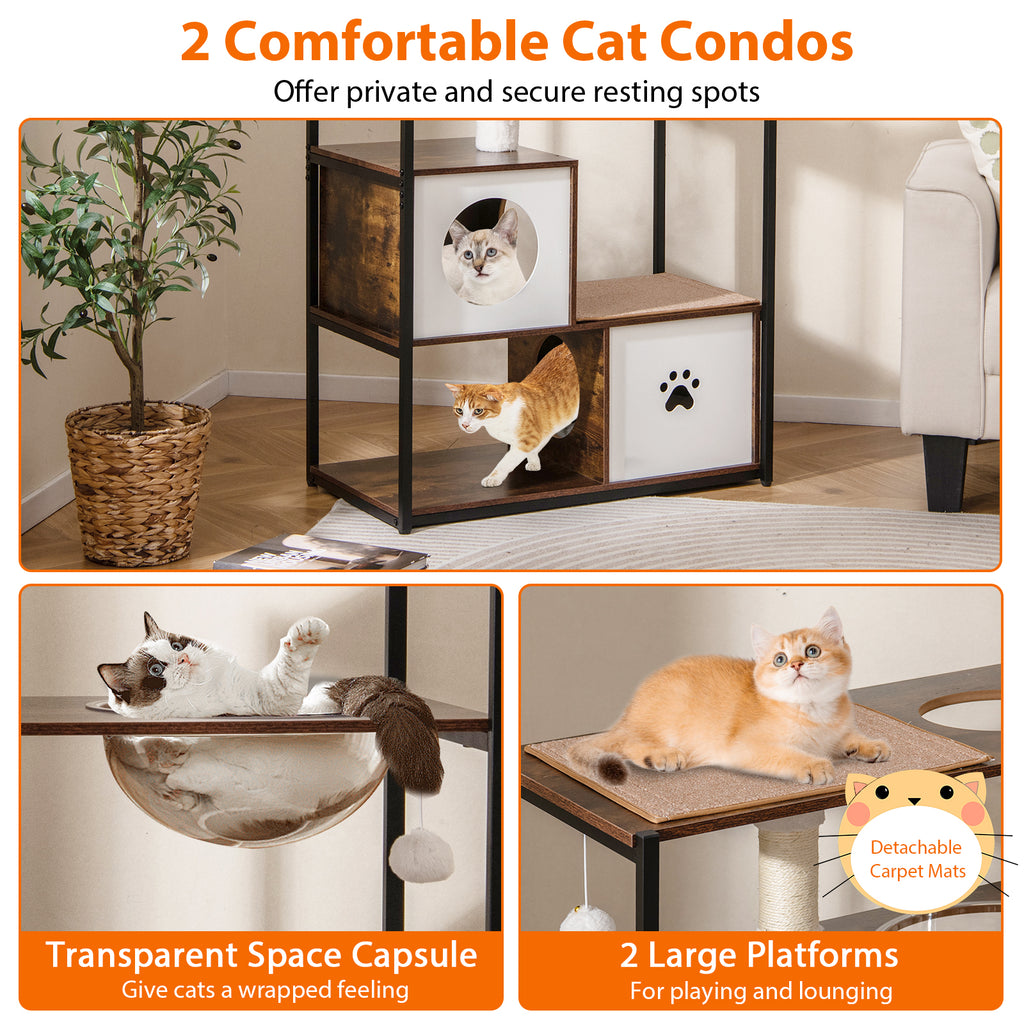 Wooden Cat Tree Tower with 2 Condos & Cushions - Style 2, Coffee