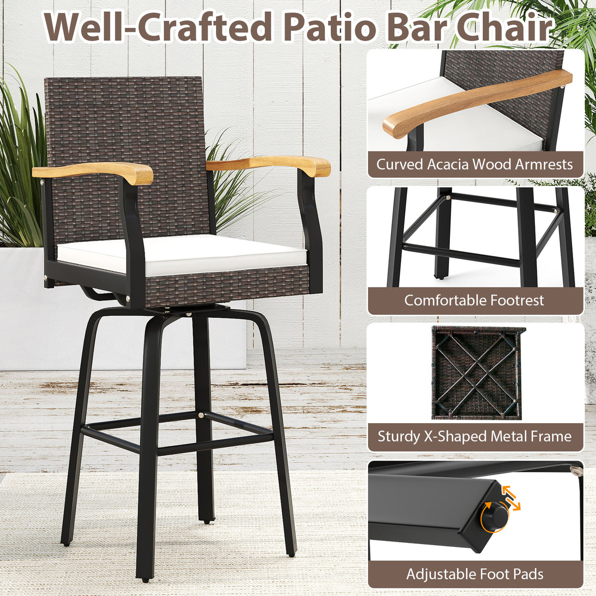 Outdoor 360° Swivel Bar Stool with Cushion, Acacia Wood Armrests - Style 2
