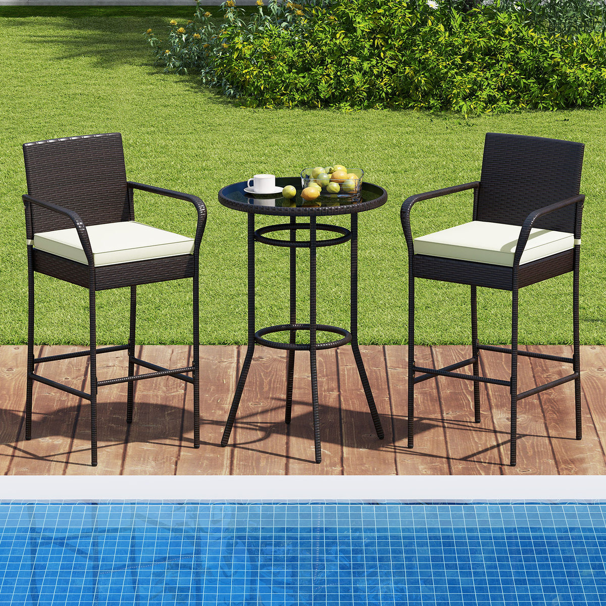 Patio Rattan Bar Height Table and Chairs with 2 Seat Cushions for