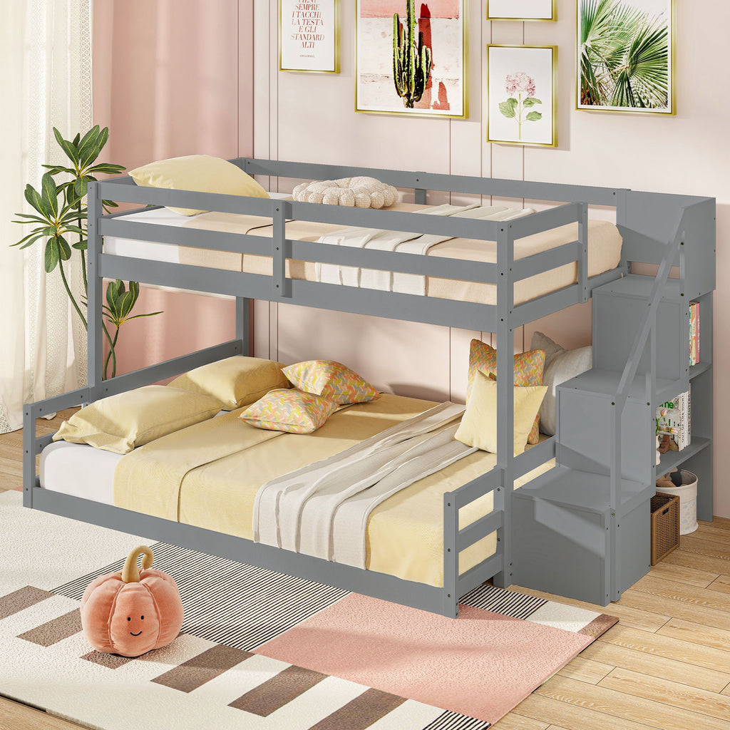 Twin Over Full Bunk Bed with Storage Stairs - Gray