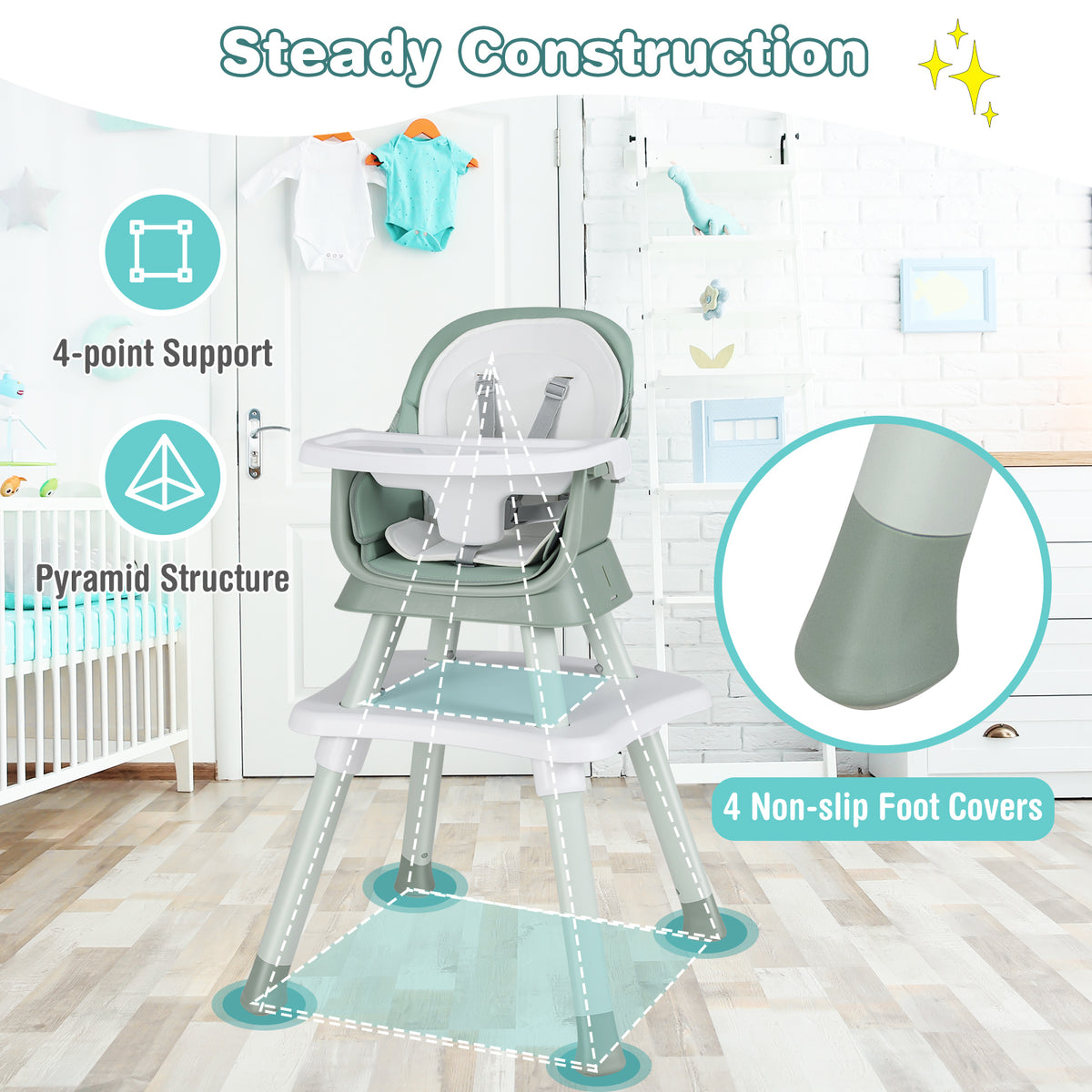 Green 8-in-1 Convertible Baby High Chair with Adjustable Removable Tray