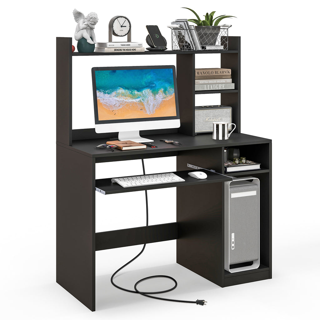Home Office Computer Desk with Bookcase & Keyboard Tray - White