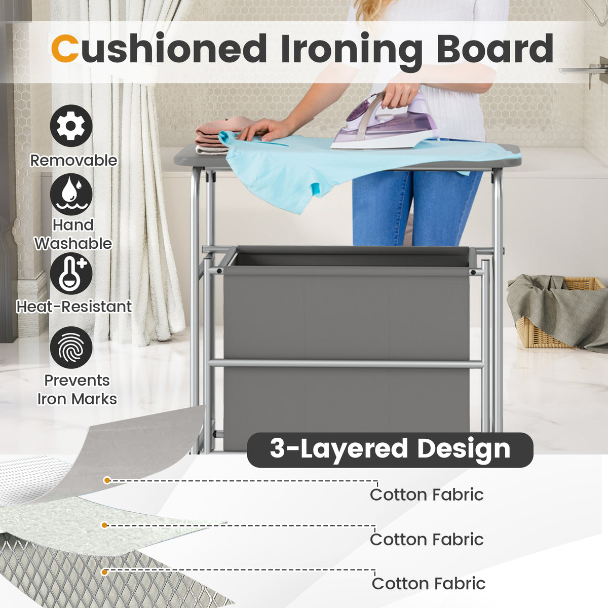 3-Section Laundry Sorter with Foldable Ironing Board, Gray