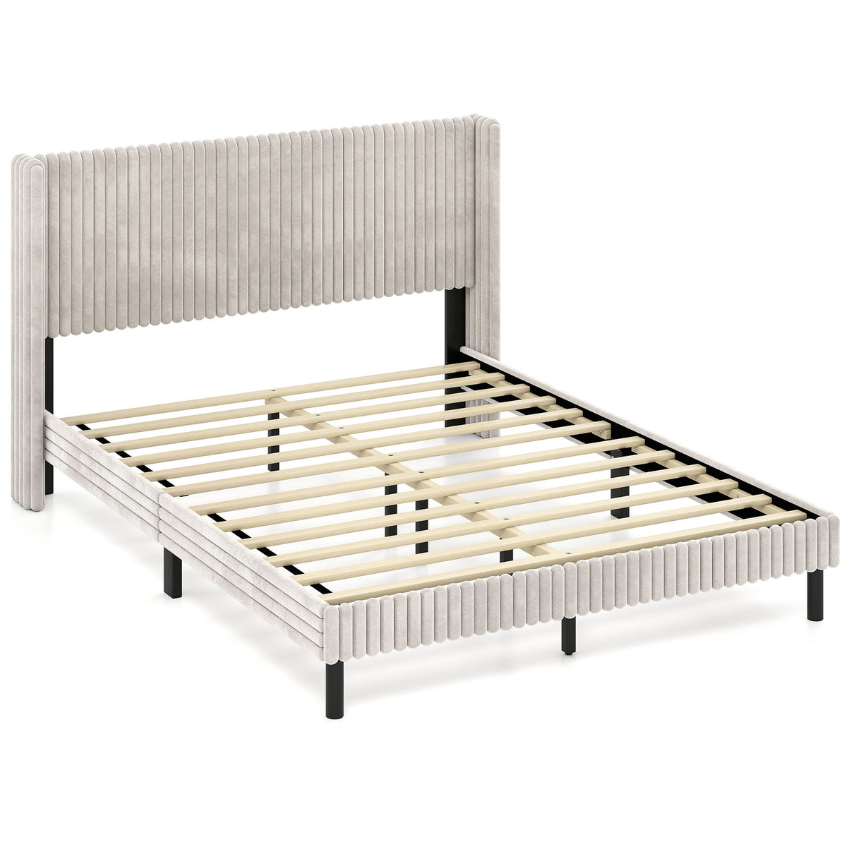 Queen Size Velvet Bed Frame with Wingback Headboard - White