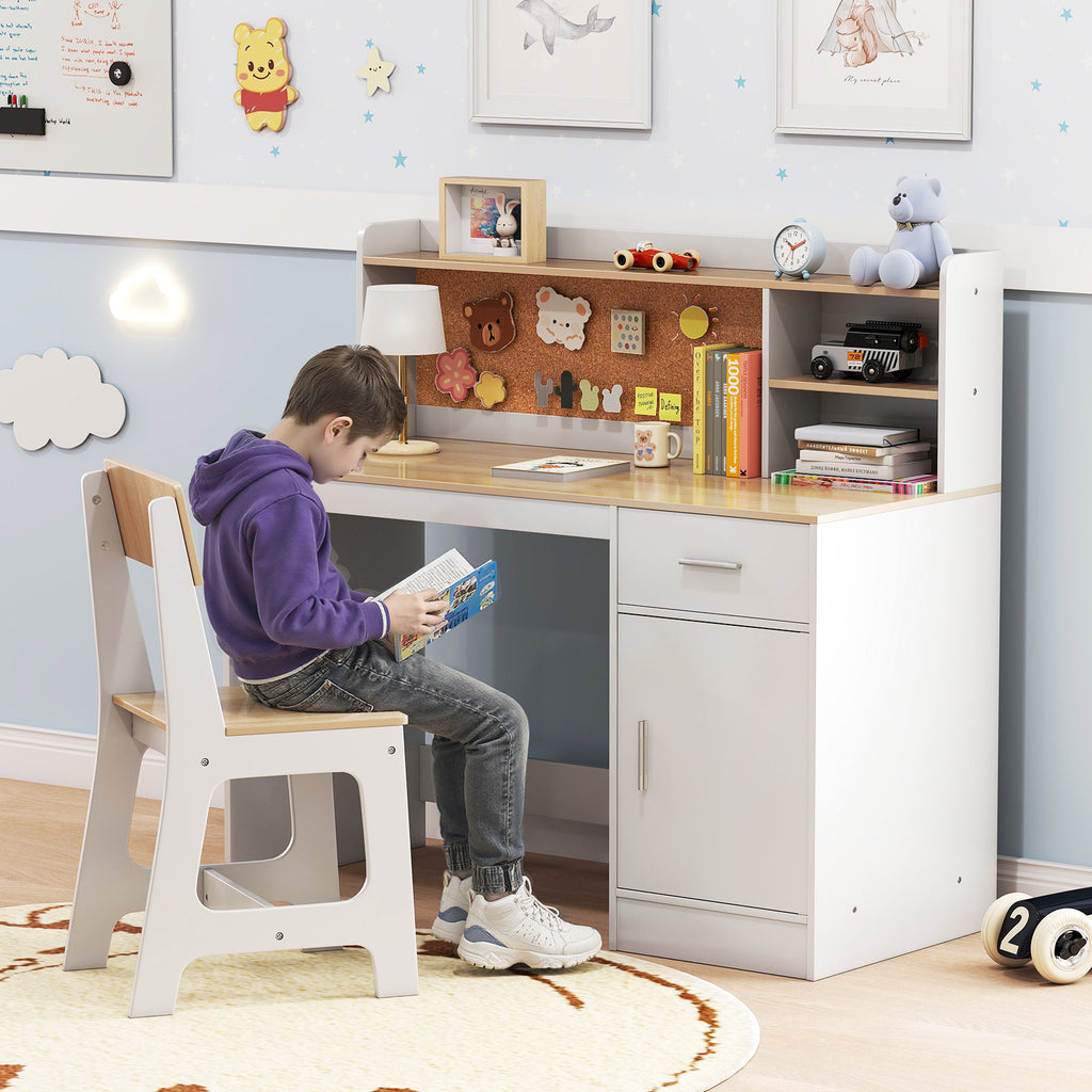 Activity Kids Table and Chair Set - Natural Kids Study Desk & Chair with Shelves & Bulletin Board