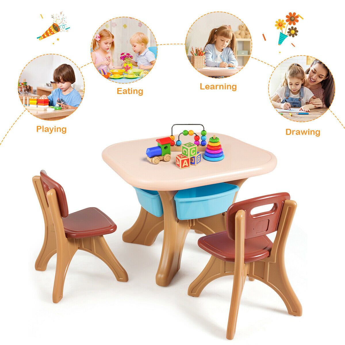 Kids Activity Table and Chair Set with Storage - Brown, Durable Plastic