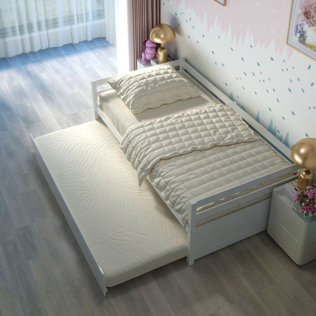 Twin Size Trundle Bed Frame with Wood Slat Support - White
