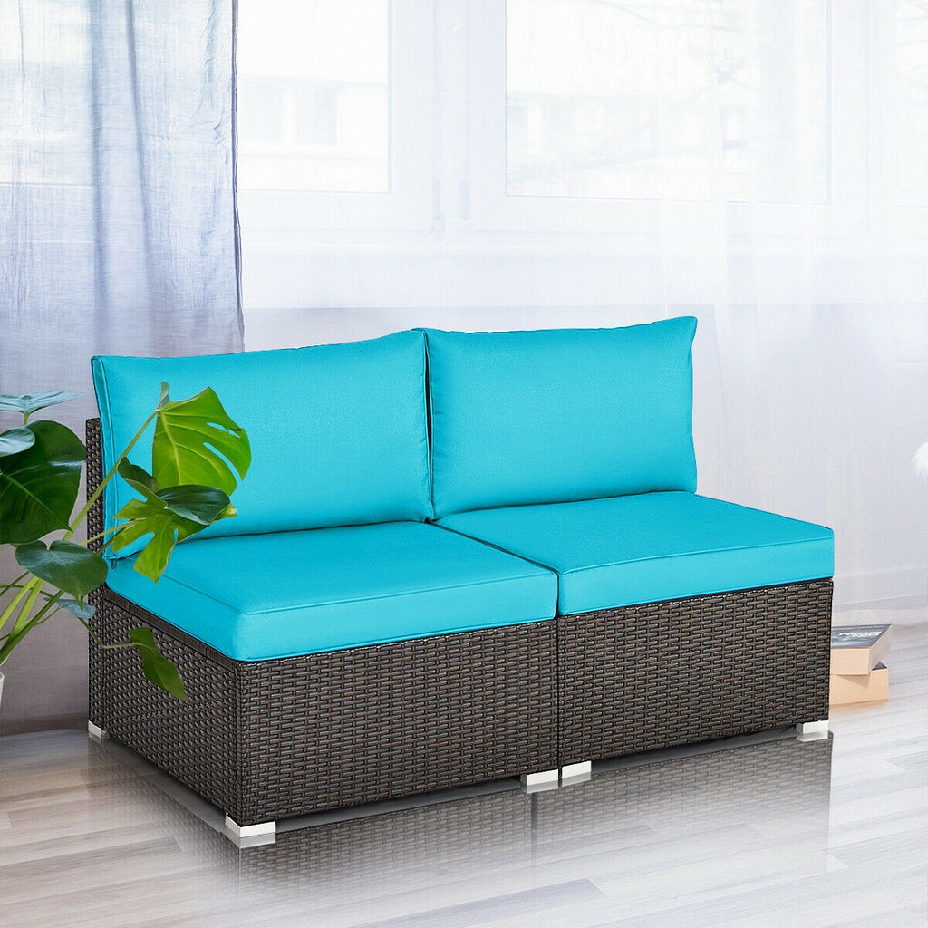 2 Pieces Patio Rattan Armless Sofa Set with Cushions and Pillows