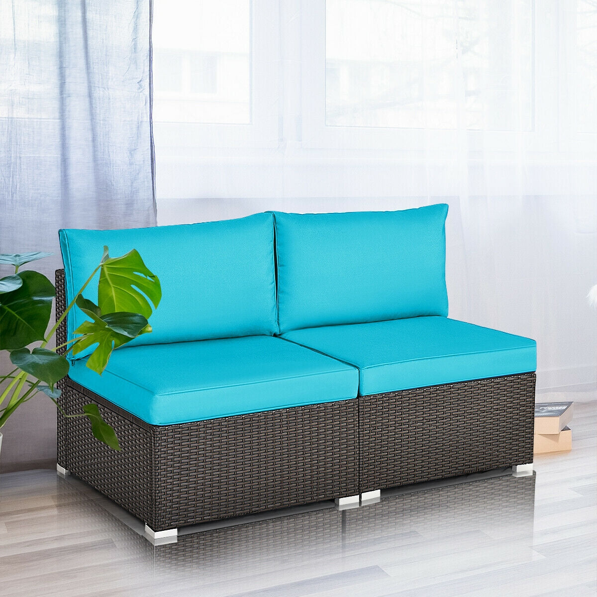 2 Pieces Patio Rattan Armless Sofa Set with Cushions and Pillows