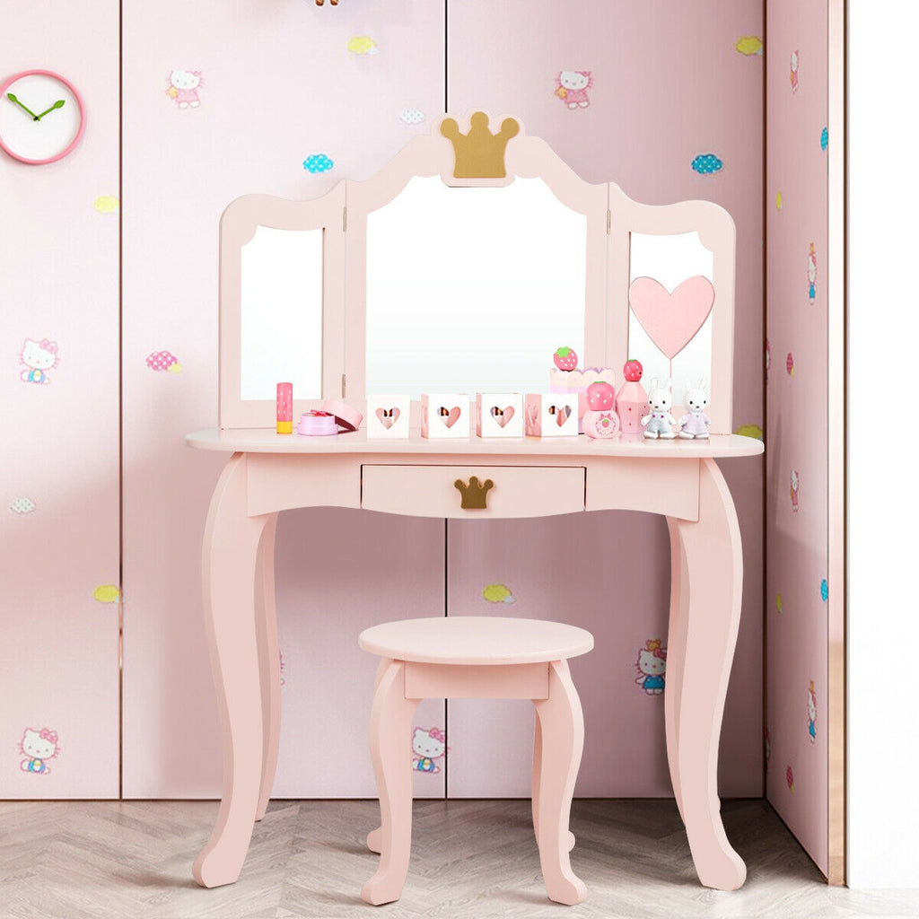 Kids Makeup Dressing Table with Tri-Fold Mirror & Stool - Pink - Costway