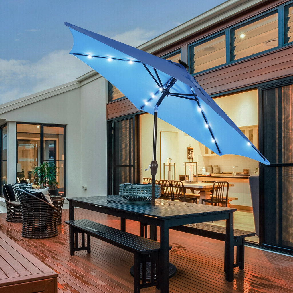 9x8 Solar LED Market Umbrella with Tilt - 18 Lights, Blue