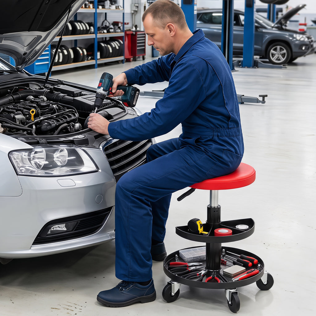 Adjustable Rolling Mechanic Stool with Tool Trays - Red