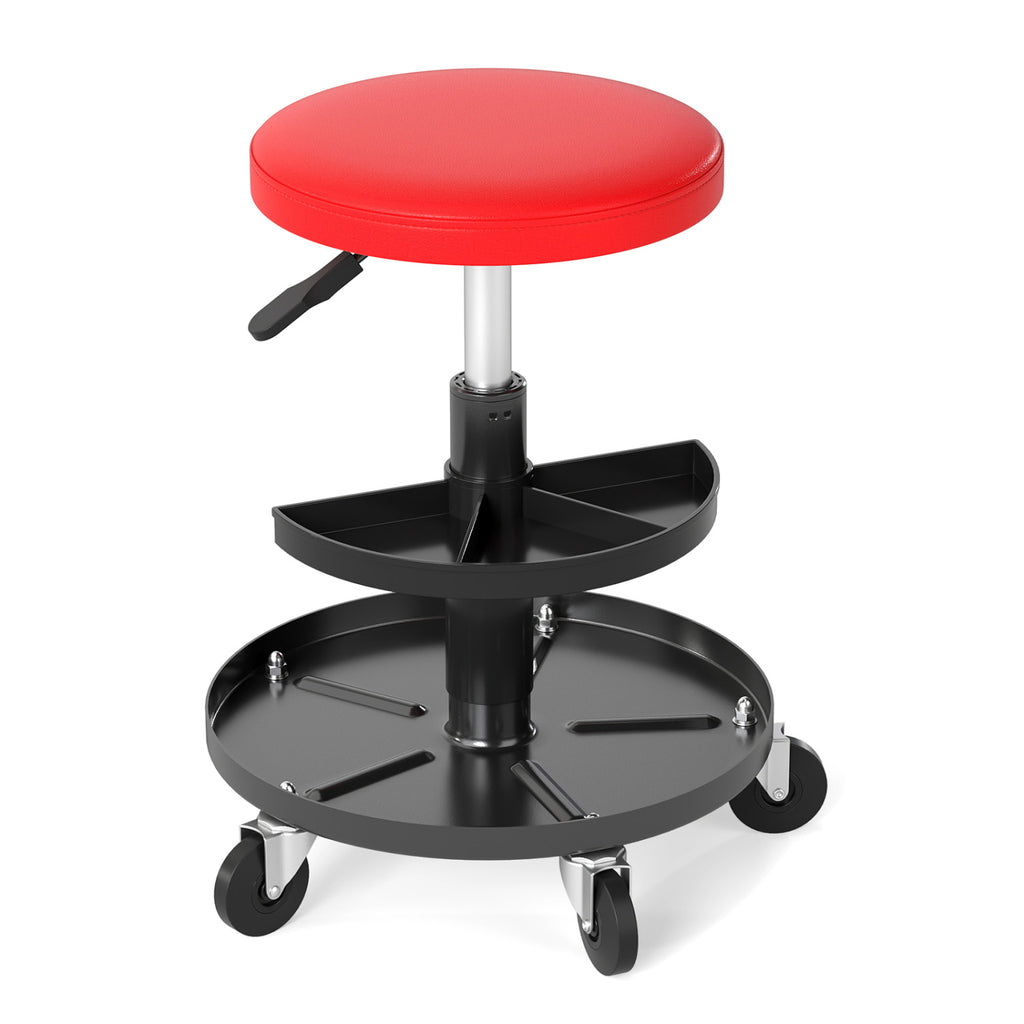 Adjustable Rolling Mechanic Stool with Tool Trays - Red