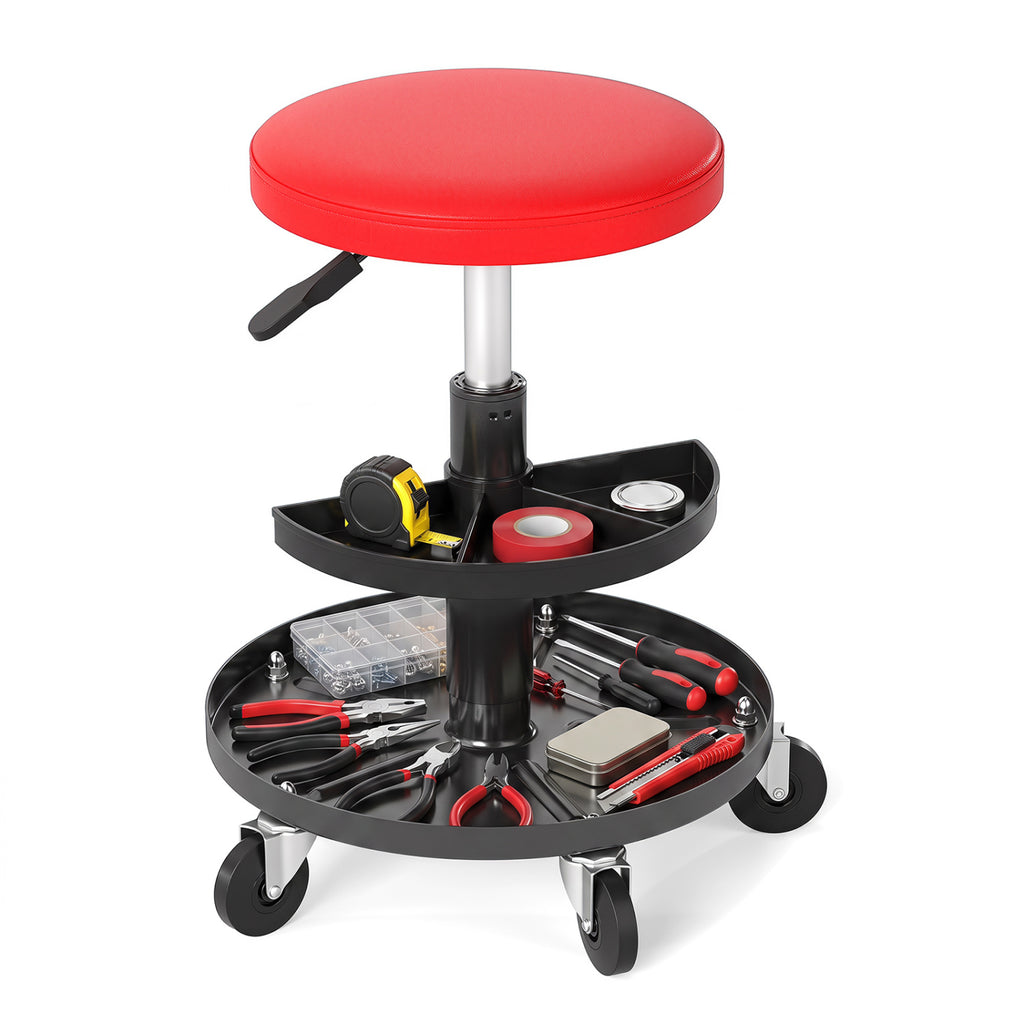 Adjustable Rolling Mechanic Stool with Tool Trays - Red