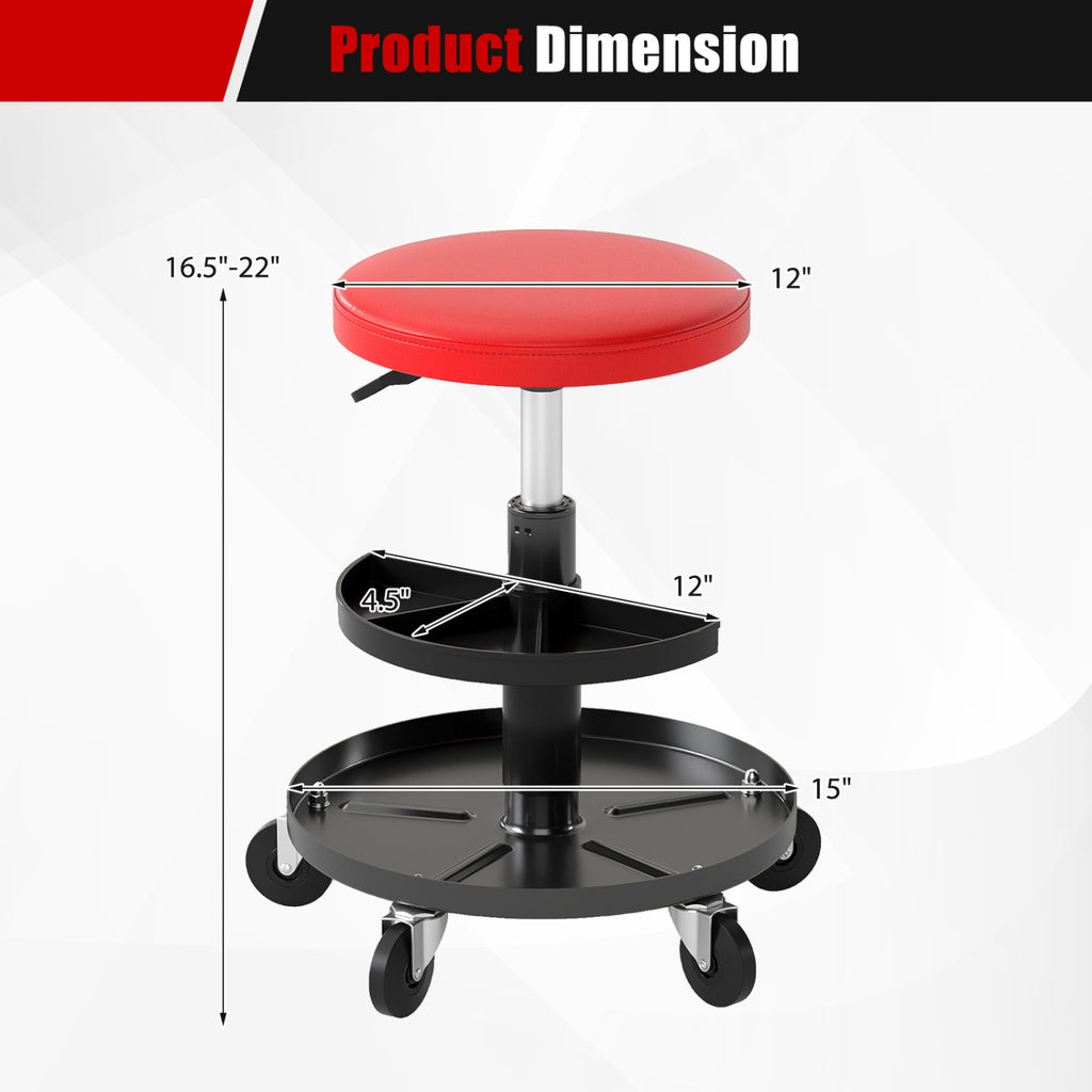 Adjustable Rolling Mechanic Stool with Tool Trays - Red